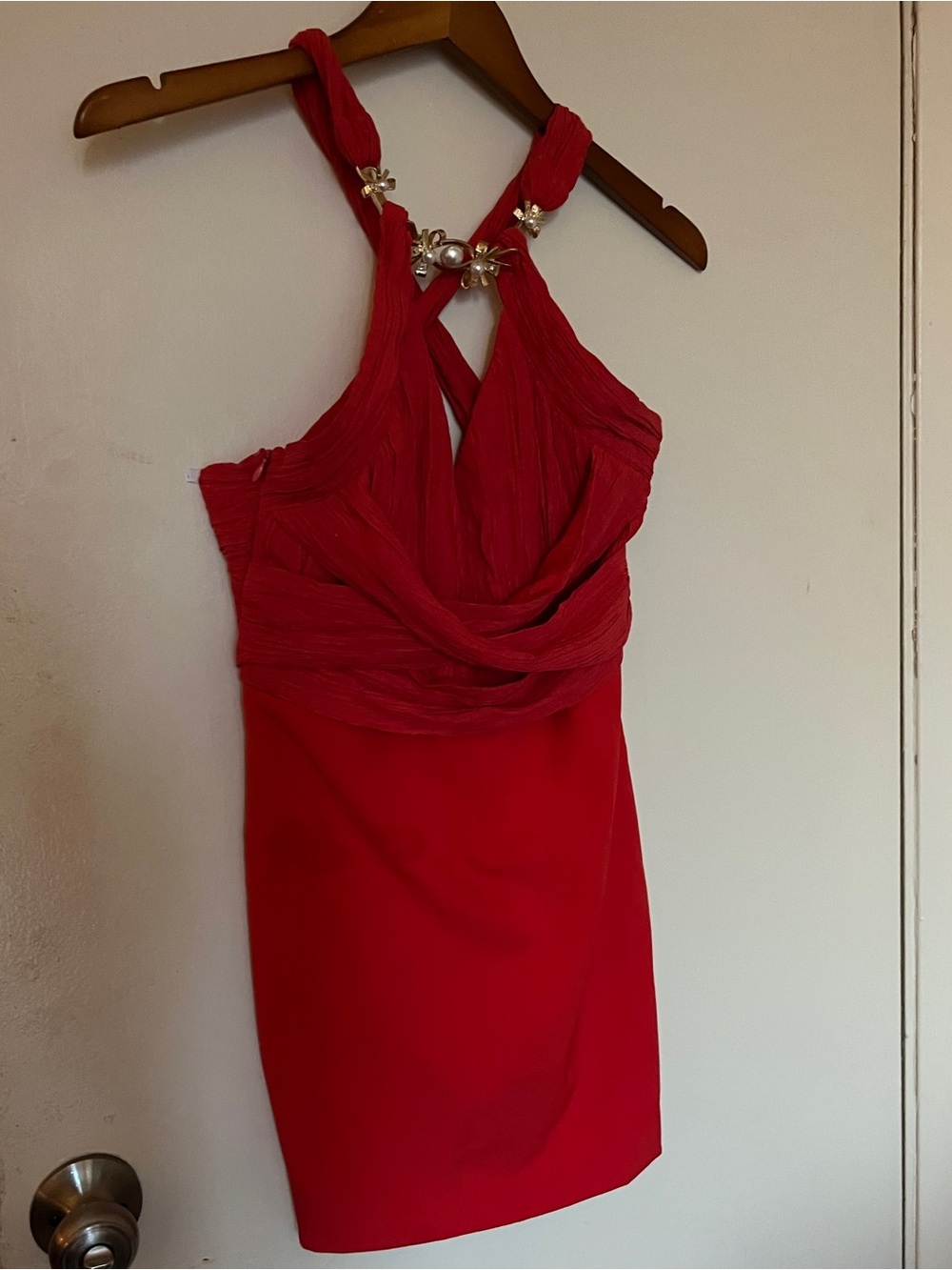 Red Sleeveless Cocktail Dress with Embellished Halter